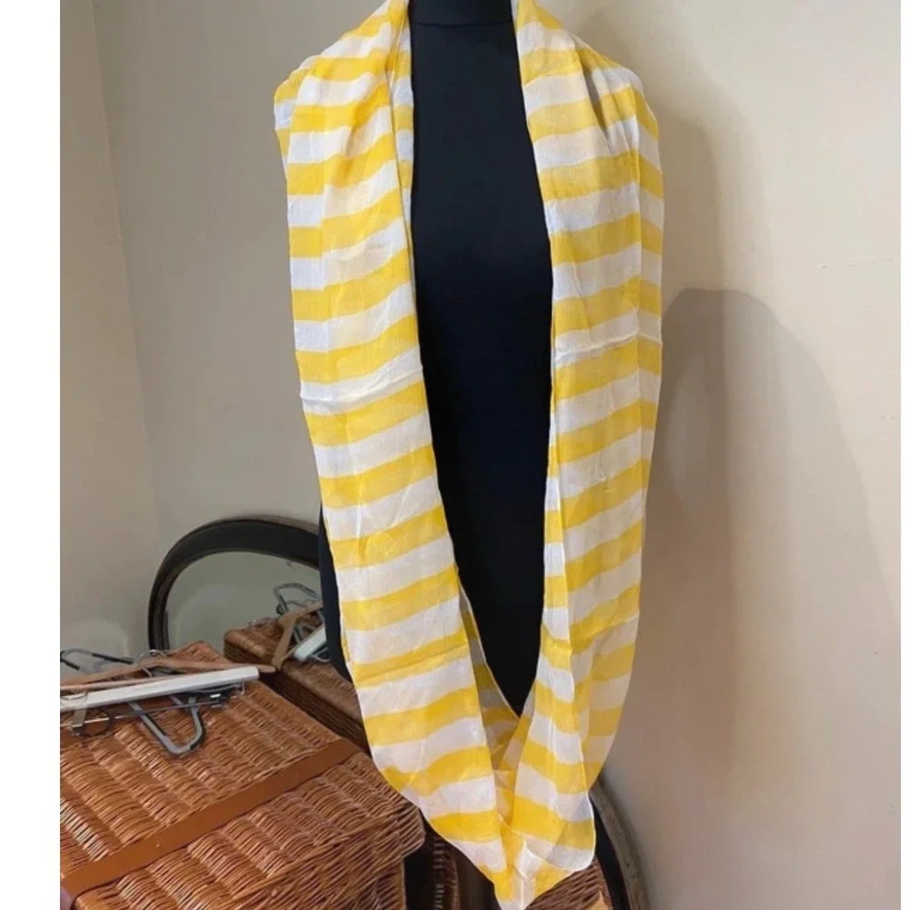 Henri Bendel Yellow White Striped Infinity Scarf Sheer‎ Lightweight Designer